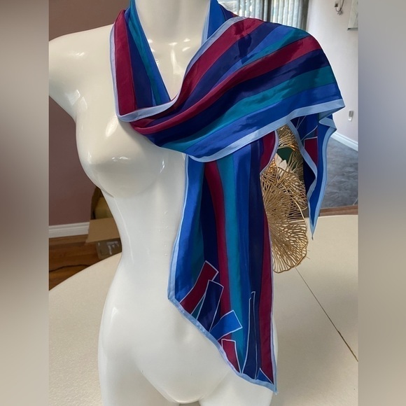 Vintage blue scarf long Monique Martin 80s scarf stripes blue green navy - Picture 2 of 7